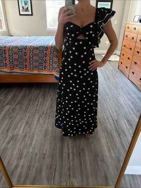 MARBLE Black One-Shoulder Polka Dot Maxi Dress with Ruffle